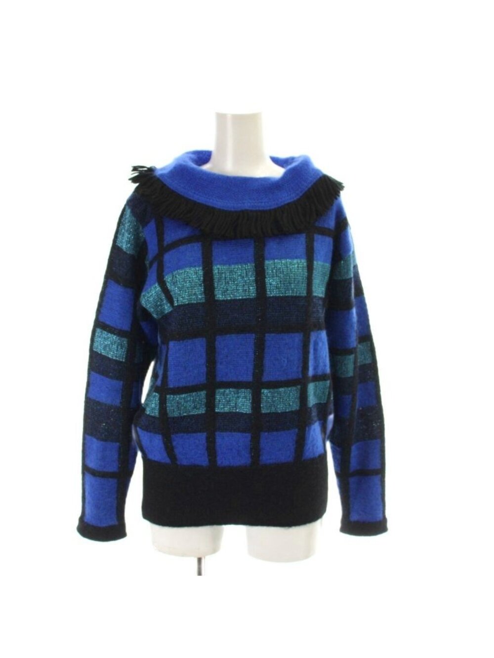 Saint Laurent Knit Sweater Wool M Blue Black Plaid Fringe Long Sleeve AP